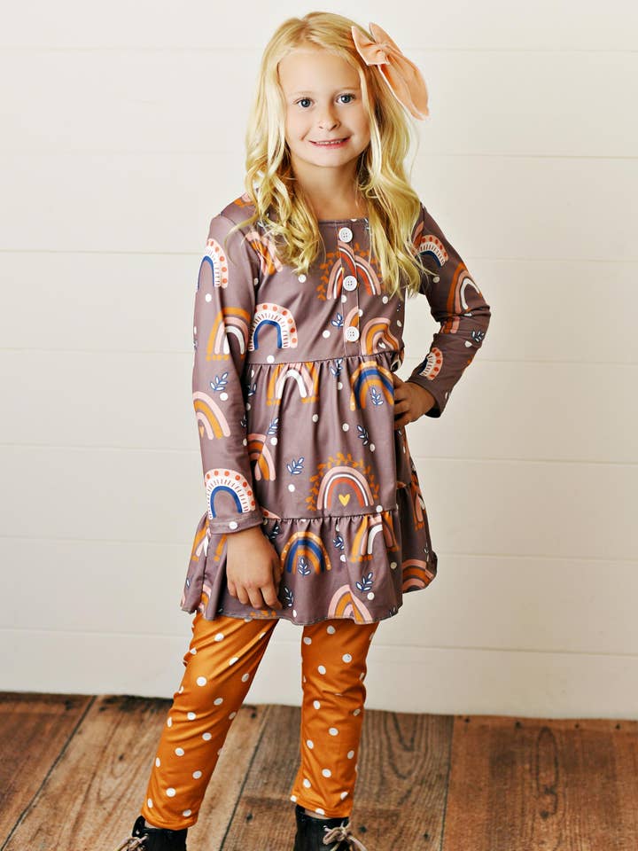 Adorable Sweetness - Wholesale Top & Leggings Set - Kids - Kids Rust Rainbow Polka Dot Fall Two Piece Tiered Button Set1