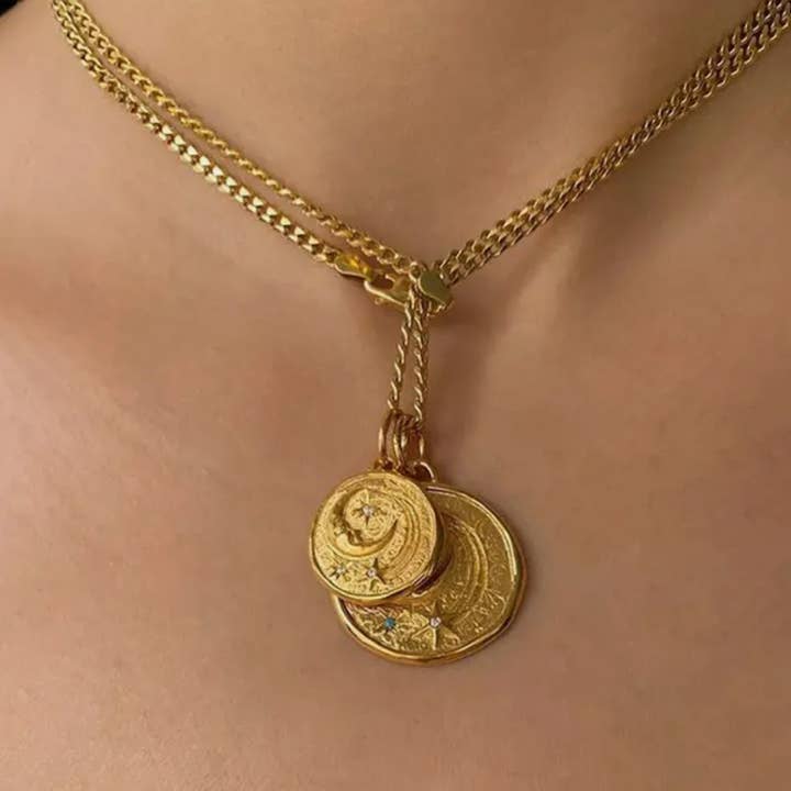 HoopLa - Wholesale Pendant/charm necklace - Athena Luna Coin Charm Necklace, Stainless Steel- 14K gold