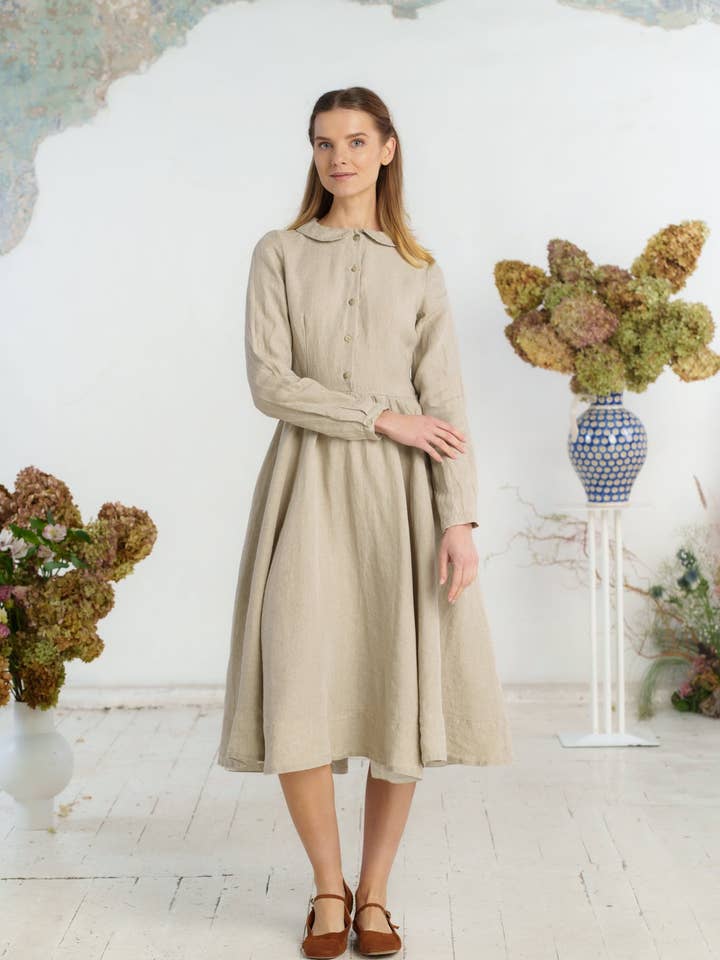 Night Garden Classic – Midi Linen Dress with Peter Pan Collar for wholesale on Faire35