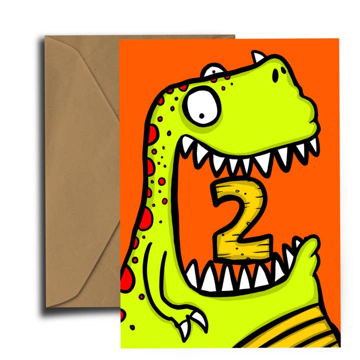 Tarjeta de cumpleaños con dinosaurio - Edad 2 - Tarjeta de cumpleaños para venta al por mayor de Dixon Does Doodles
