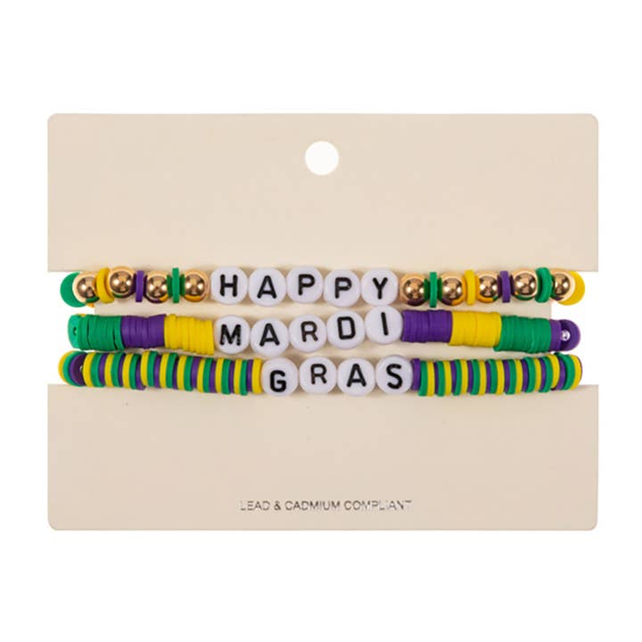 Sensibling Corp. - Wholesale Beaded bracelet - 3PCS - HAPPY MARDI GRAS Message Beaded Stretch Multi Layered Bracelets2