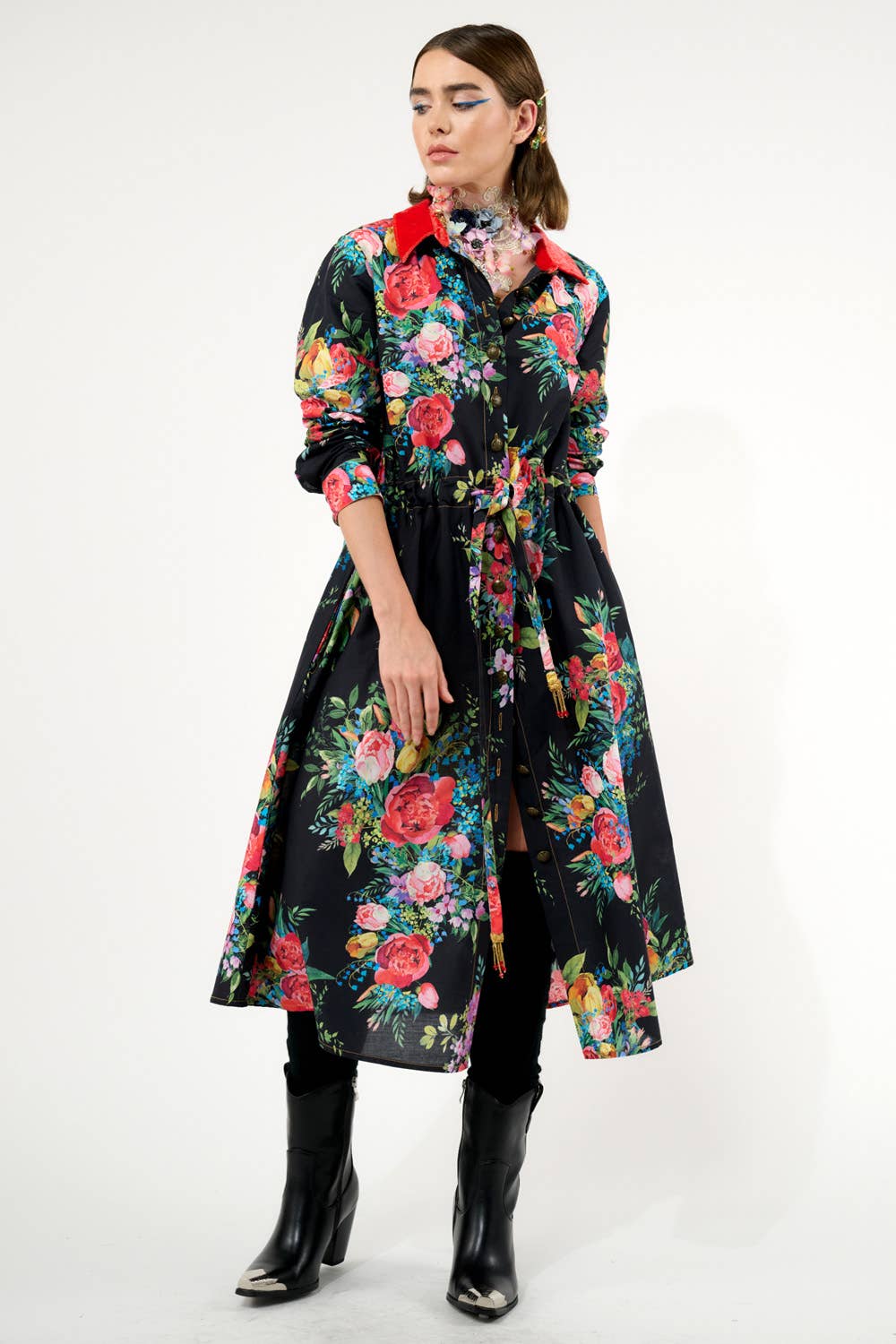 Black Floral Zinnia Shirt-Dress for wholesale on Faire8