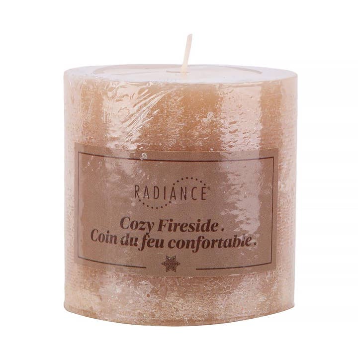 Scented Pillar Candle 3" x 3" , Cozy Fireside, Rustic Finish for wholesale by DisplayCanada