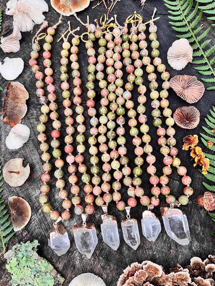 Unakite & Gold dipped Quartz // hand knotted choker for wholesale by Wingostarrjewelry