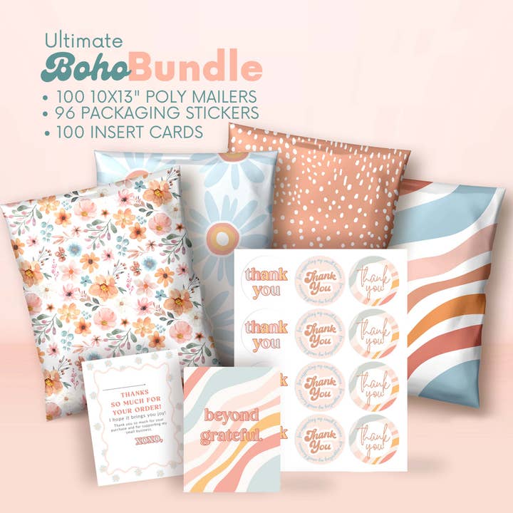 Ultimate Boho Bundle: Poly Mailers, Cards, and Stickers for wholesale by Picksie Mailers