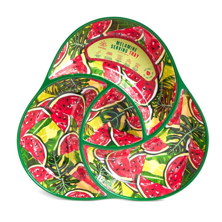 Core Home - Vente Plateaux de service - Plateau de service triangulaire à 4 sections - Pastèque Palmier