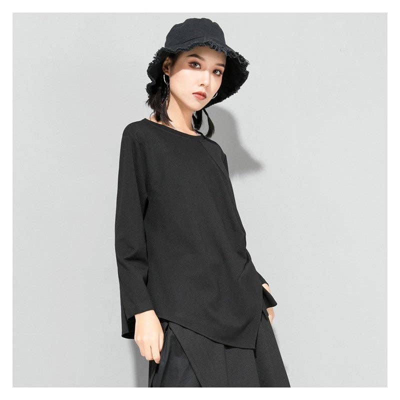 BLACK Solid Color Irregular Long Sleeve T-Shirt for wholesale on Faire2