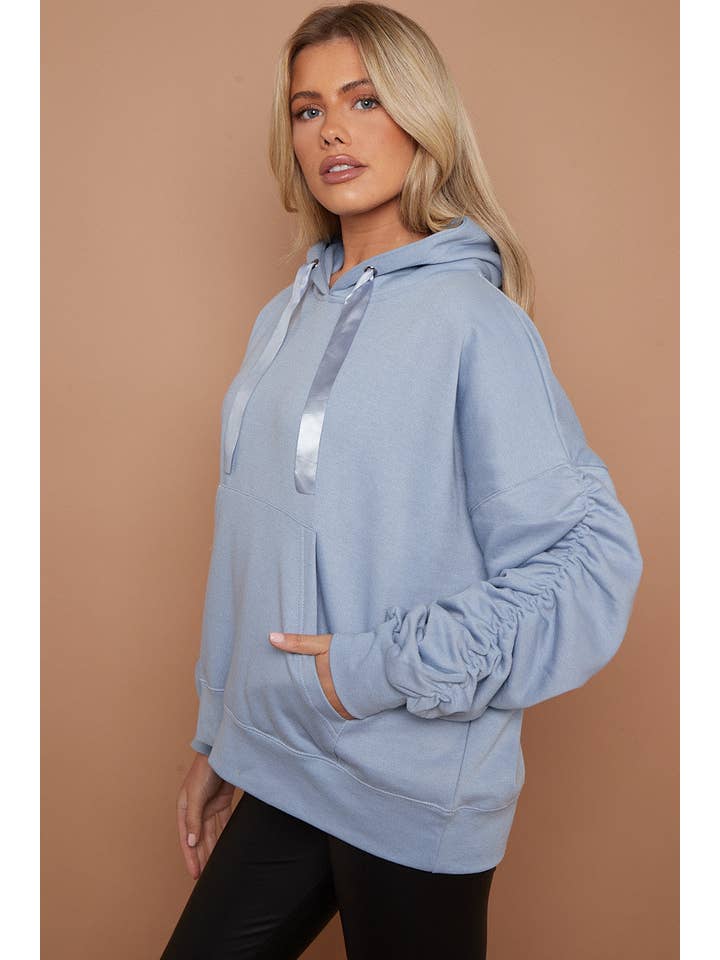 Stylewise Direct – wholesale Hoodie – Women's – Ribbon Drawstring Ruched Sleeves Fleeced Hoodie