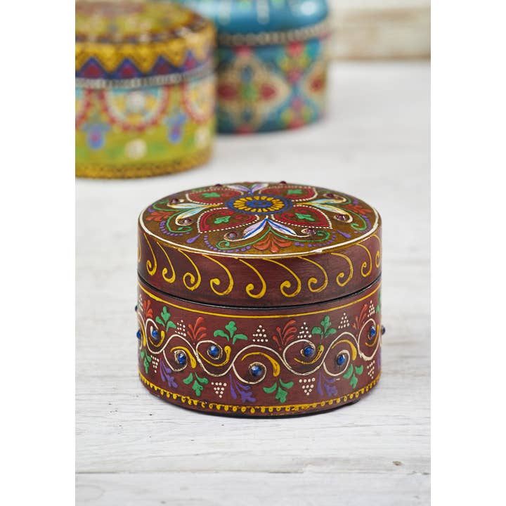 Namaste - Vente Boîtes décoratives - Boîte en bois ronde peinte à la main2