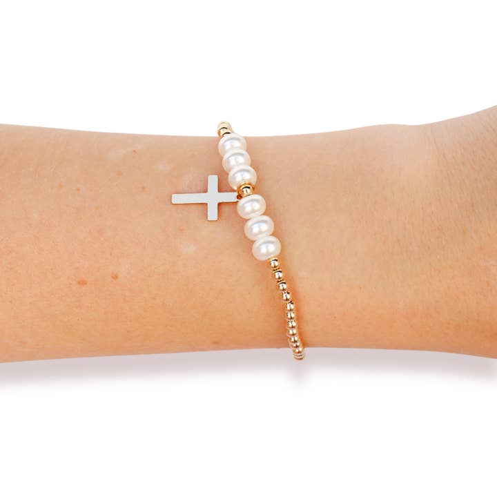 Beaded Blondes - Wholesale Charm/Dangle Bracelet - Cross + Pearl Gold Charm Bracelet
