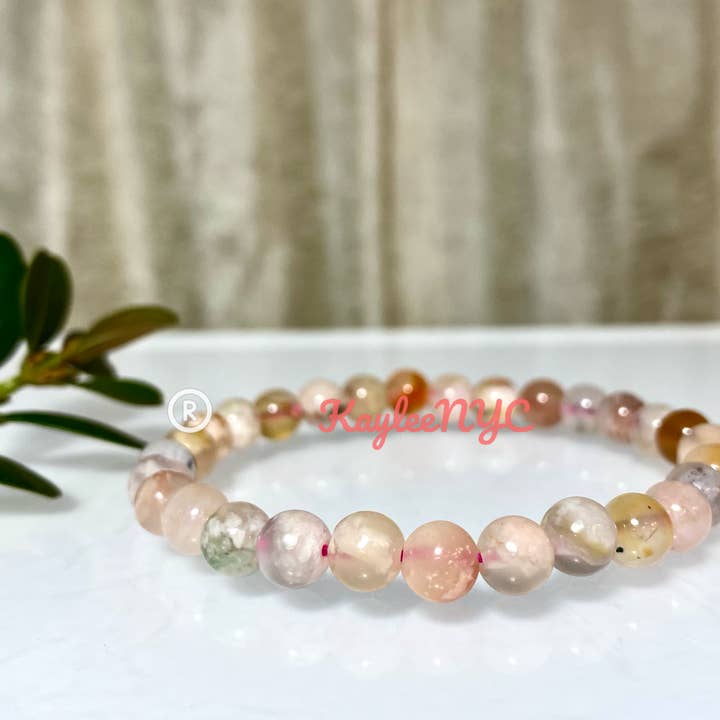 KayleeNYC - Wholesale Beaded Bracelet - Natural Flower Agate 6mm 7.5” Crystal Stretch Bracelet