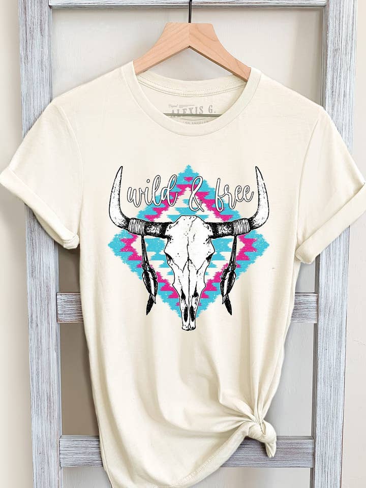 Wild & Free Bull Skull Graphic Tee, Western Desert, Longhorn for wholesale by SewCalUSA