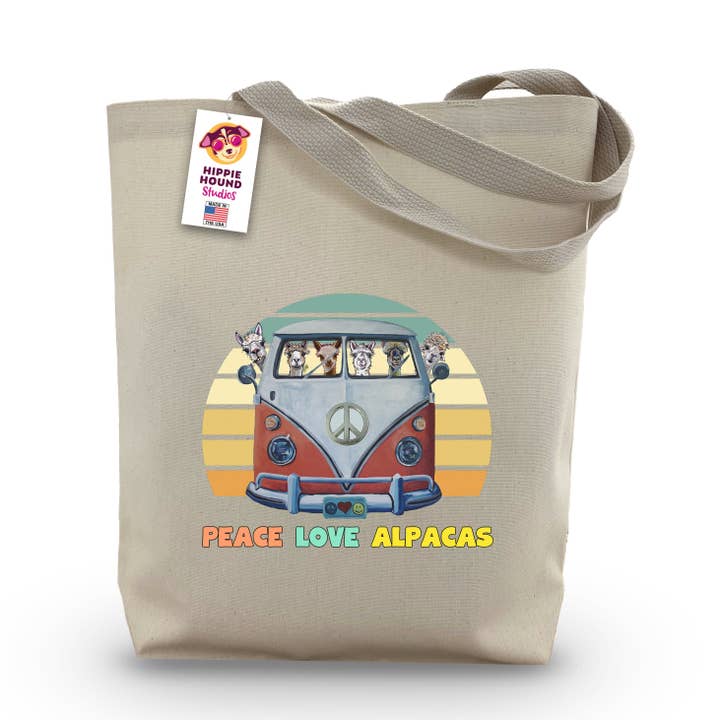 Gusset Tote, Alpaca 'Peace Love Alpacas' Heavy Canvas Tote for wholesale by Hippie Hound Studios
