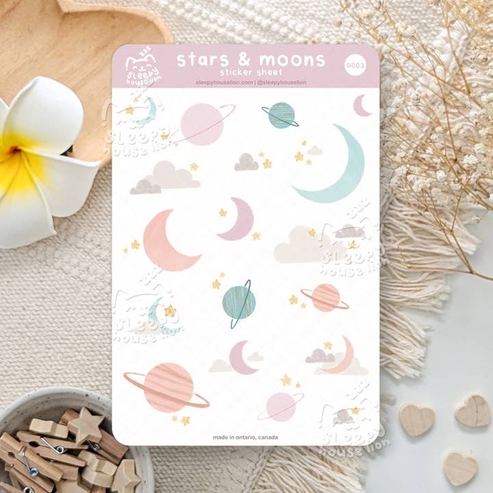 Cute Pastel Night Sky Stars and Moons Vinyl Sticker Sheet for wholesale by Sleepy House Lion