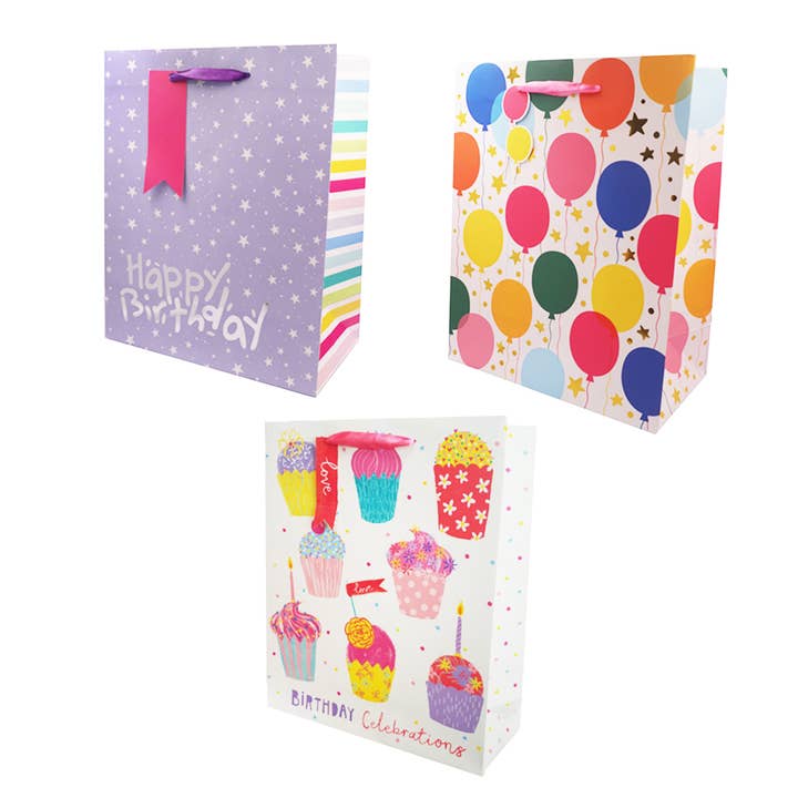Happy Birthday Gift Bags – Foil Accents, 3 Assorted Designs for wholesale by Angels Craft