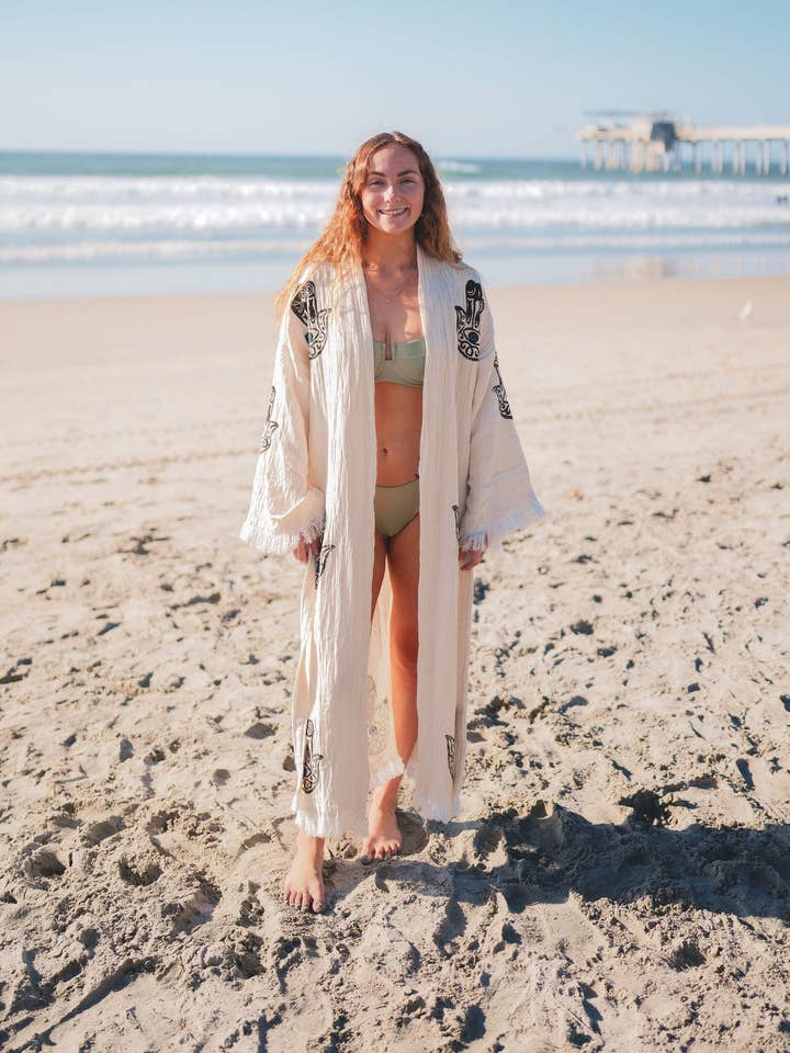 Basic Layers - Wholesale Robe - Women's - MUSLIN COTTON KIMONO BATHROBE HAMSA HAND PRINT3
