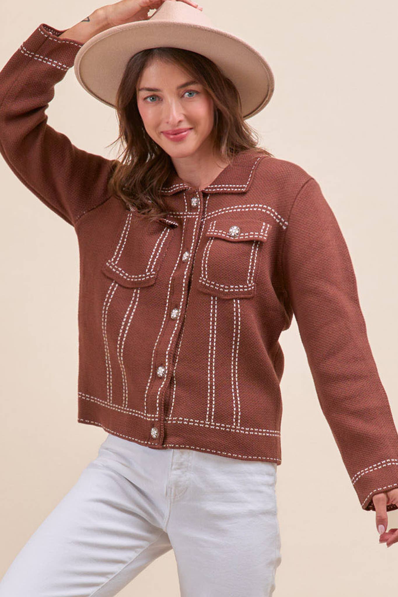 &MERCI - Wholesale Jacket - Women's - DENIM EFFECT KNIT SWEATER JACKET MSW111300