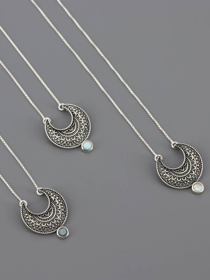 Sterling Silver Moon Phase Mandala Art Gemstone Inspirational Necklace for wholesale by Culture Spot