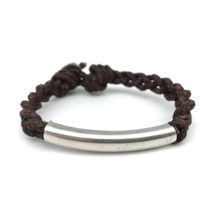 Aadi Brown Braided Leather and Tube Bead Men's Bracelet for wholesale by Anju Jewelry