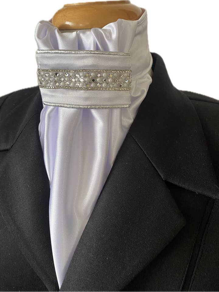 HHD White Dressage Euro Stock ‘ Nancy’ in Silver with Pearls and Rhinestones for wholesale by Heavenly Horse Designs