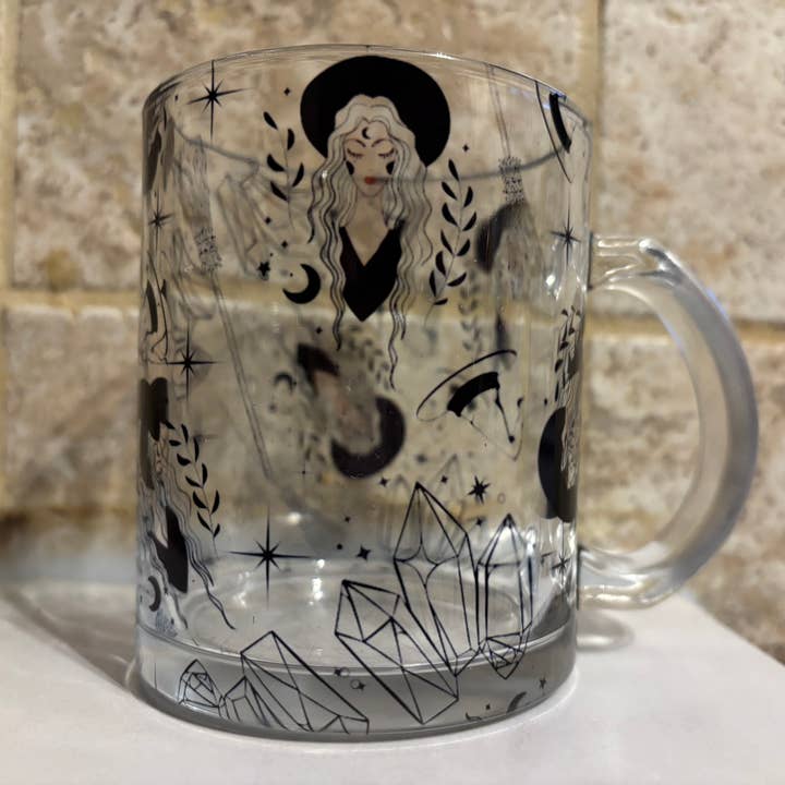 Clear mug with witchy woman for wholesale by The Pumpkin Empress