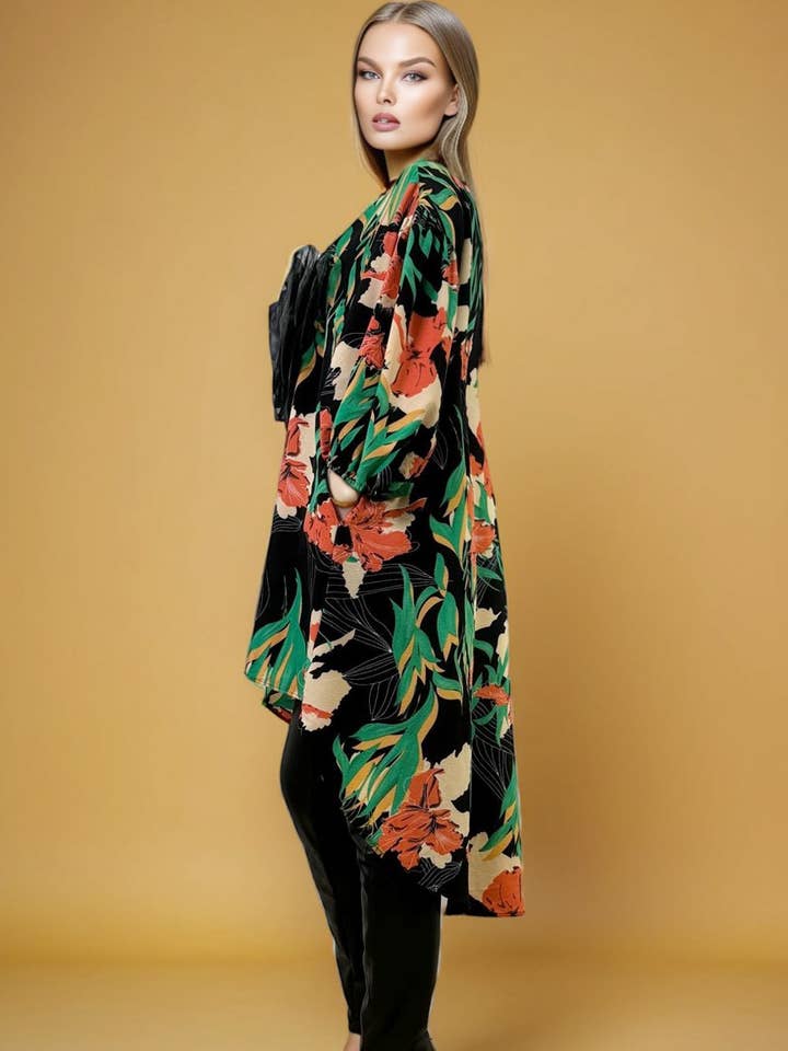 ROBE MIDI À MANCHES LONGUES FLEURIE W5707 pour la vente par N by Nancy