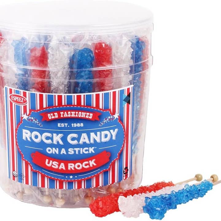 Espeez Usa Rock Candy 36 Ct Red White Blue Tub for wholesale by Long Island Candy Factory