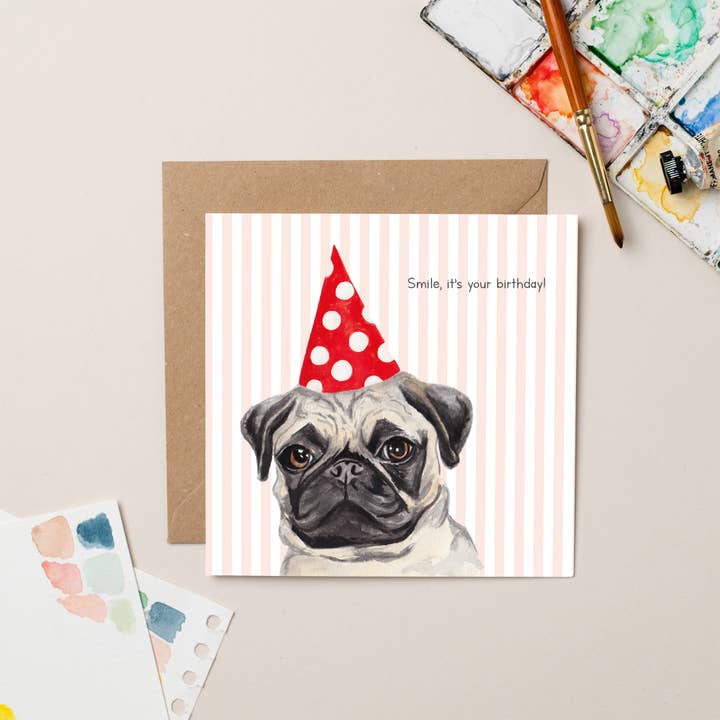Carte Party Pug Pink Stripe pour la vente par lil wabbit