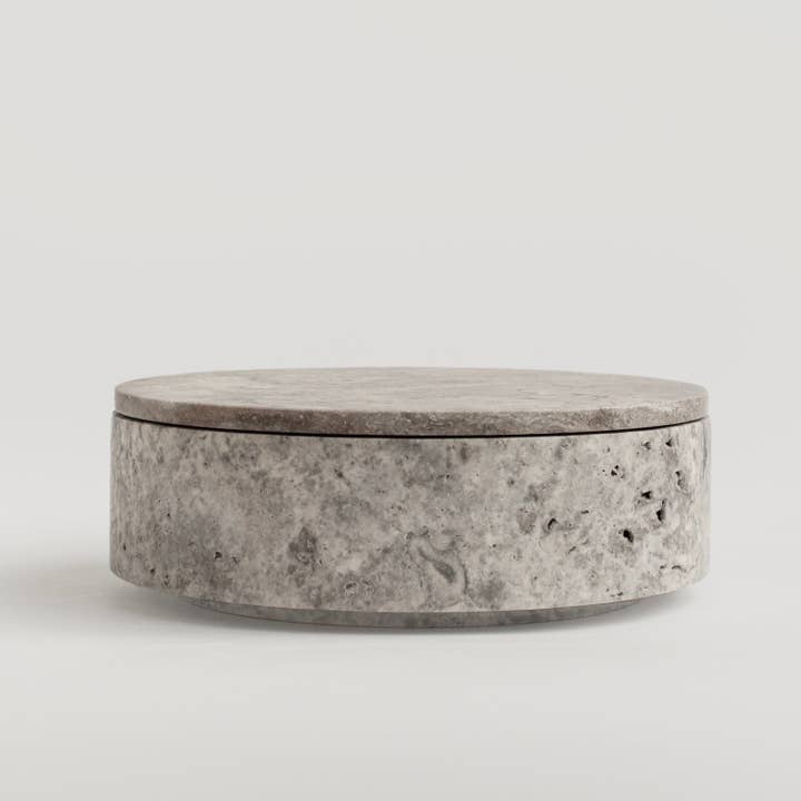 SILVER TRAVERTINE CYLINDER BOWL WITH LID for wholesale by Kiwano Concept