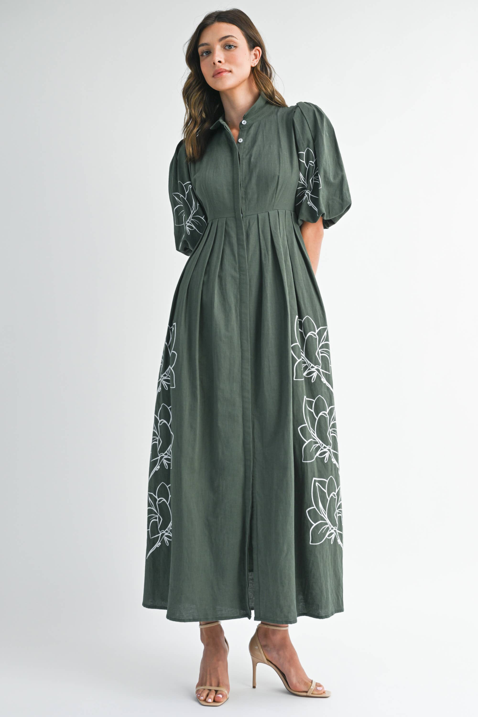 FOREST GREEN ND0085 Artisanal Embroidered Balloon Dress for wholesale on Faire5