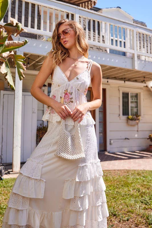 Off White Eyelet Ruffle Maxi Skirt for wholesale on Faire1