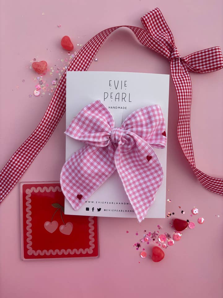 Pink Gingham Red Heart Bow for wholesale by Evie Pearl Handmade LLC