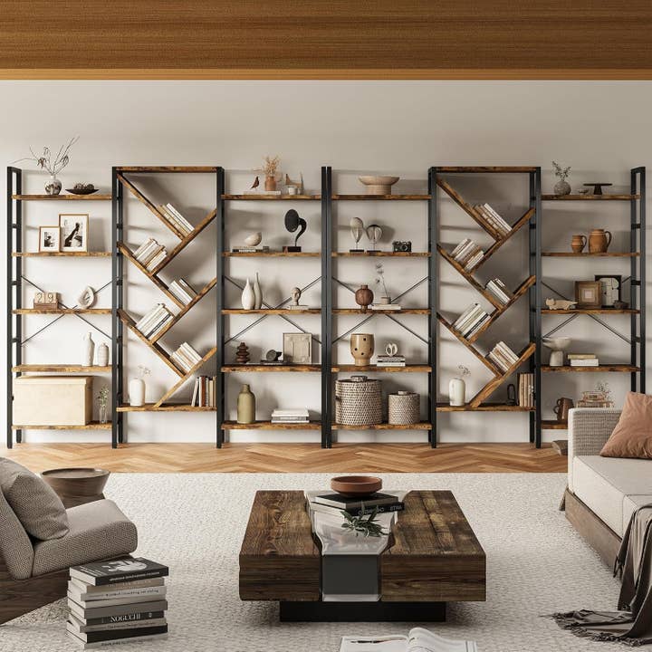 Rustic Brown Triple 5 Tier Wooden Bookcase With Metal Frame for wholesale on Faire5