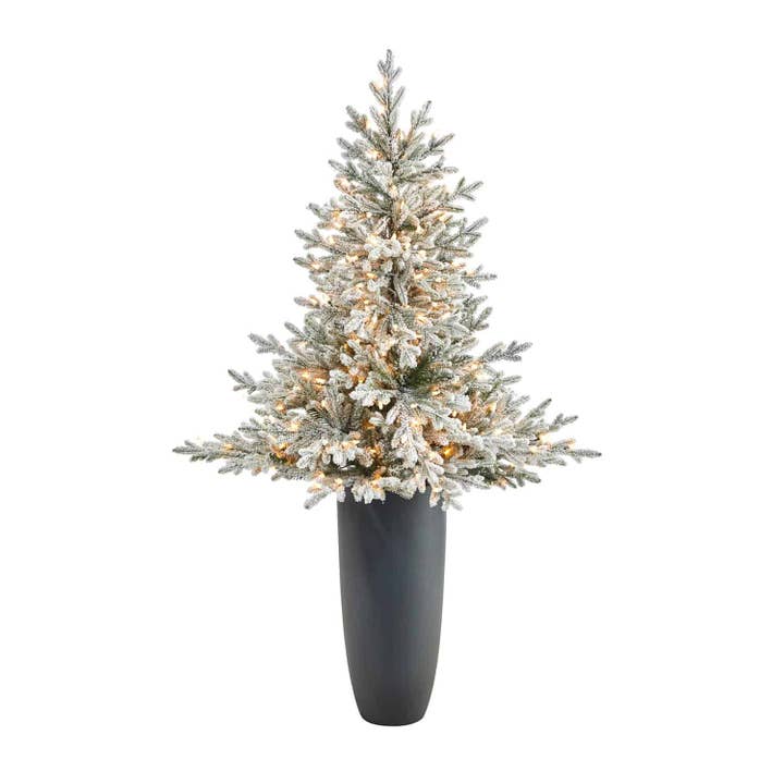 5’ Flocked Fraser Fir Artificial Christmas Tree with 300 Warm White Lights and 967 Bendable Branches in Gray Planter for wholesale by Silk Flower Depot