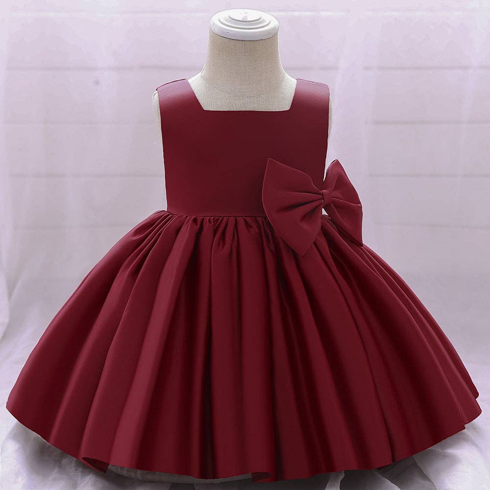 MyKids-USA® - Wholesale Dress - Baby - Baby Girl Solid Color Bow Patched Design Sleeveless Western Style Satin Dress4