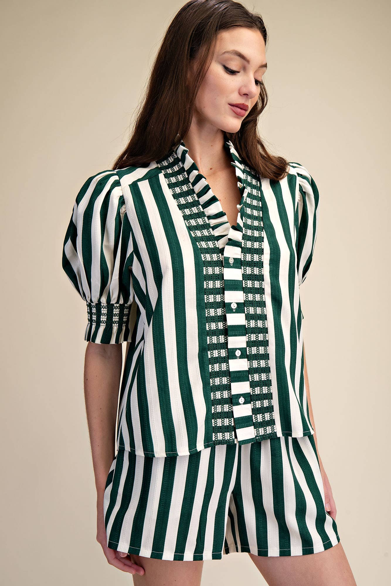 Glam - Wholesale Blouse - Women's - Ruffle V-Neck Smocked Puff Sleeve Blouse13