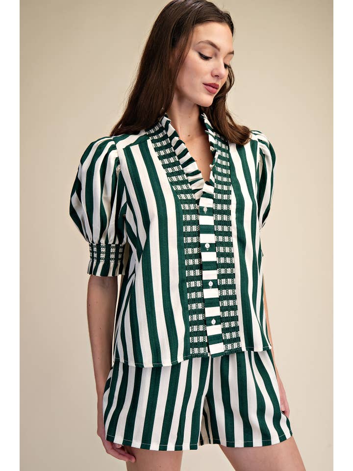 Glam - Wholesale Blouse - Women's - Ruffle V-Neck Smocked Puff Sleeve Blouse13