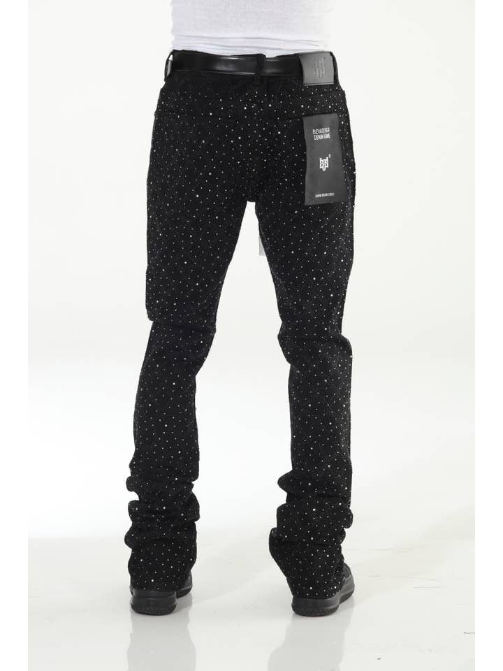 Stylo - Wholesale Jeans - Men's - Black Rhinestone Covered Stacked Flare9