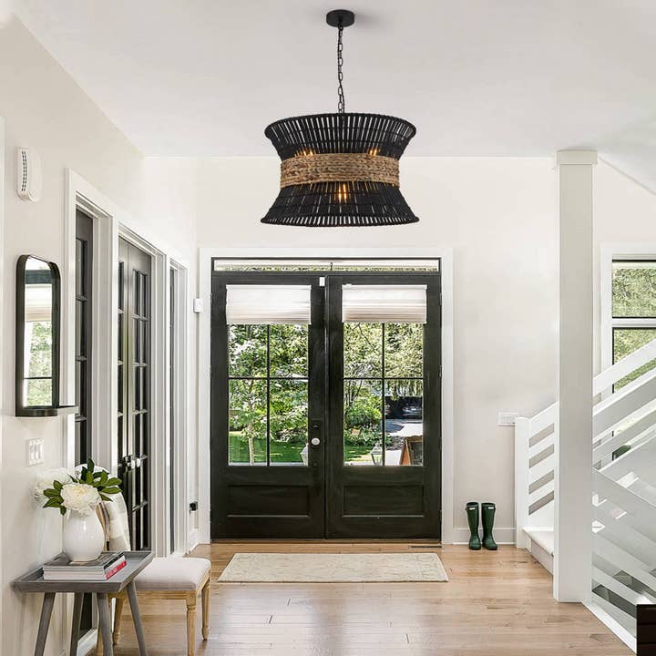 Umber 4-Light Black Rattan Coastal Nautical Chandelier for wholesale on Faire