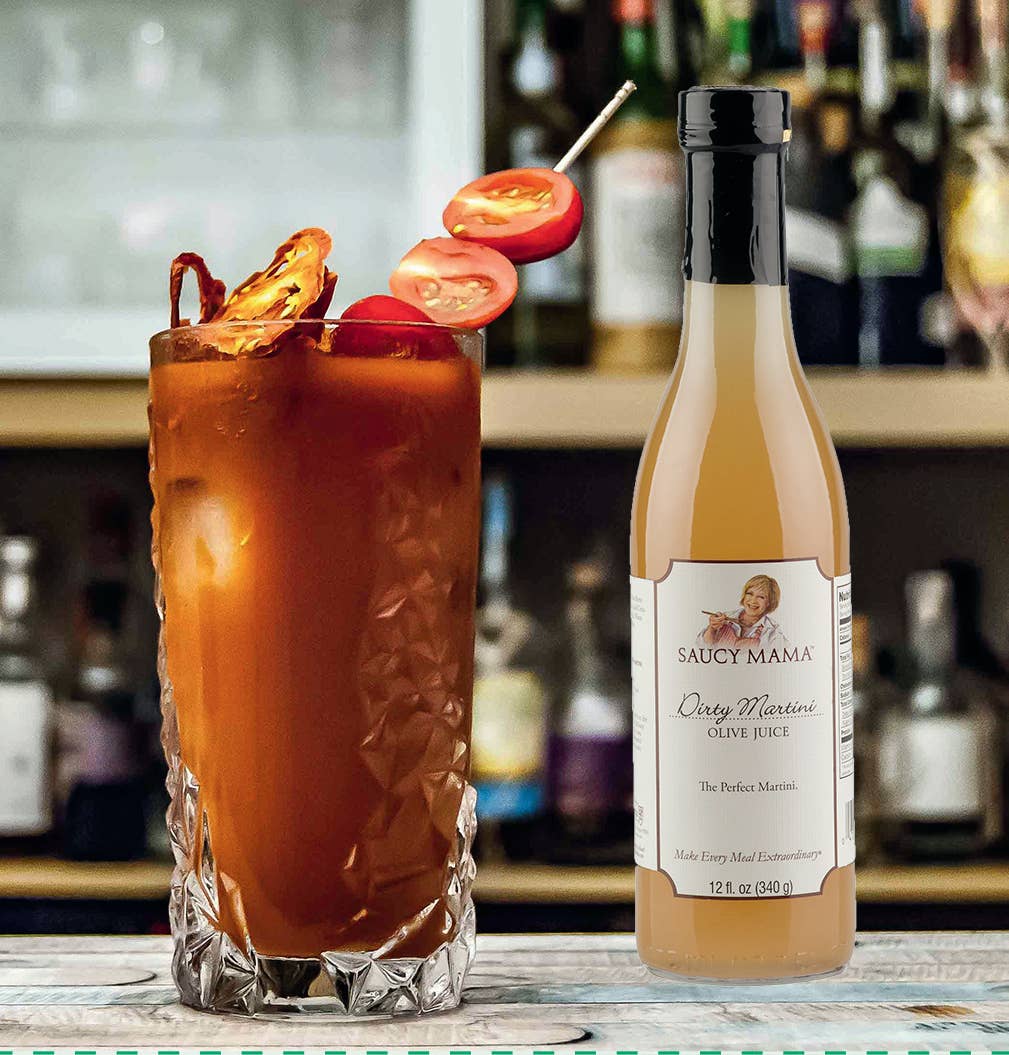 Suzie's Organics and More - Wholesale Olives - Saucy Mama Dirty Martini Olive Juice - 12 oz glass jar1