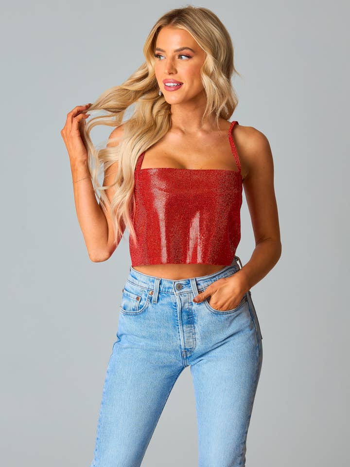 Girly Girl Red Rhinestone Cropped Top for wholesale by BuddyLove