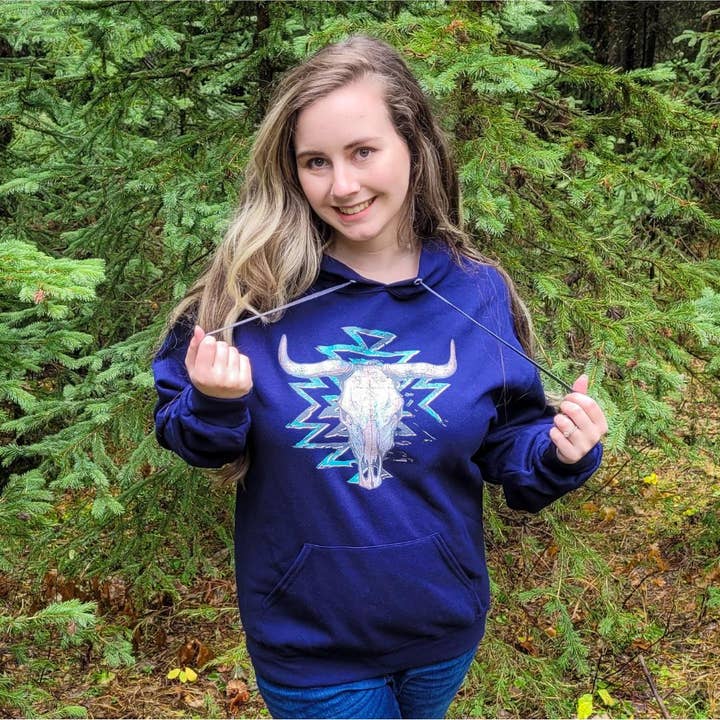 Western Aztec Bull Hoodie - Navy for wholesale by Prairie City Apparel