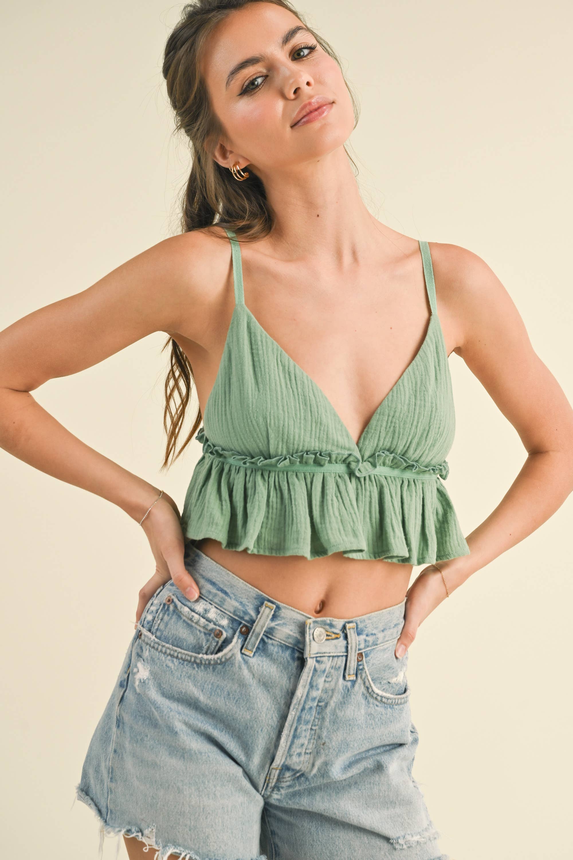 Klesis – wholesale Blouse – Women’s – IT3572 SPAGHETTI STRAP RUFFLED CROP TOP12