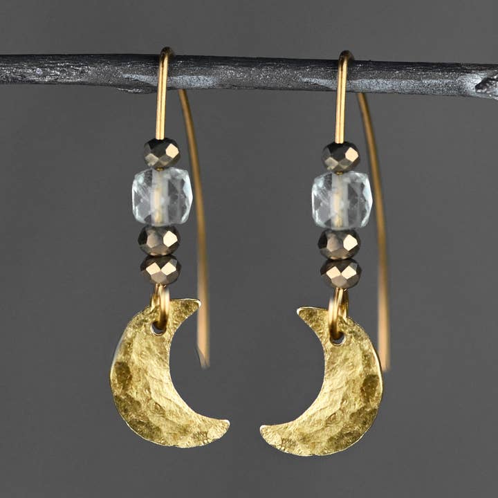 Small Hammered Moon w/ Semi Precious Cube Earrings for wholesale by KBD Studio