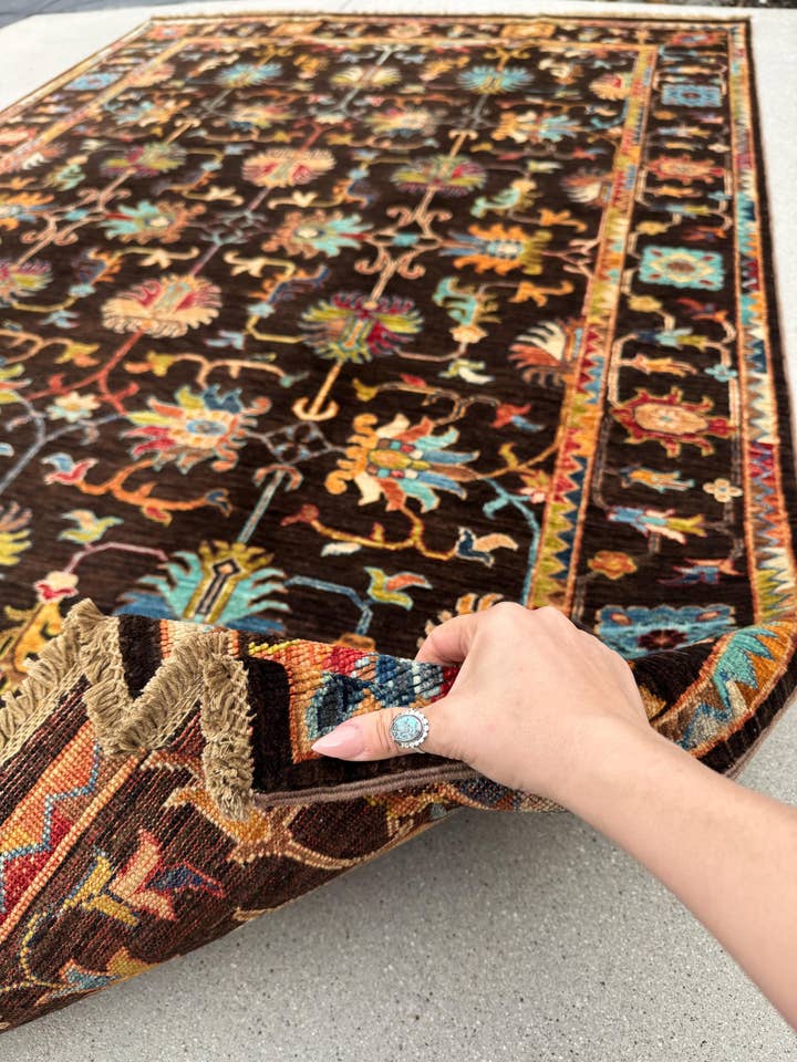 6x8 Handmade Afghan Wool Rug | Dark Brown Botanical Tribal Design | Heirloom Area Rug for wholesale by The Rug Mine