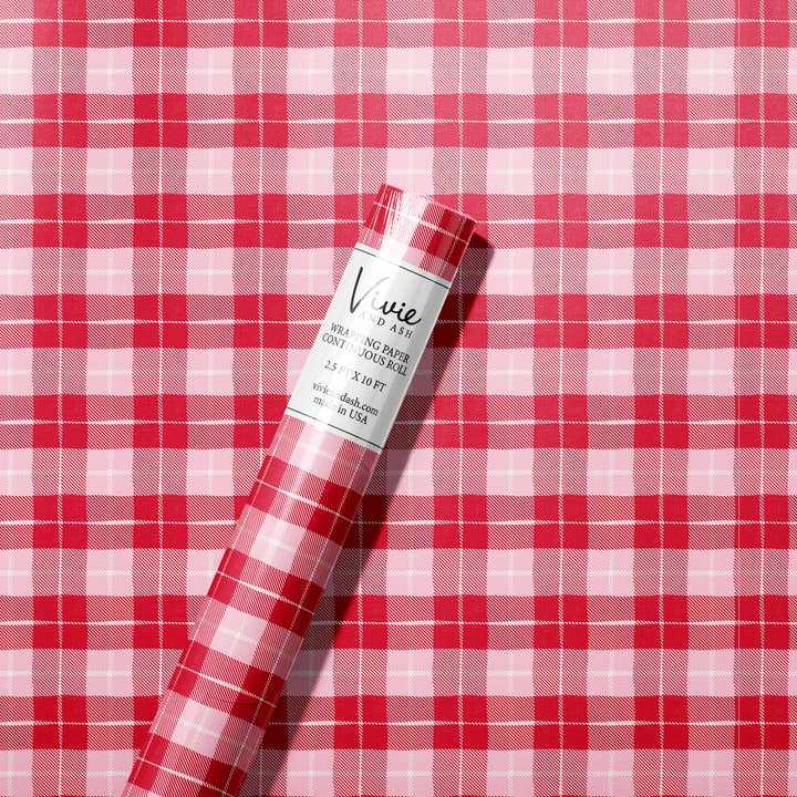 Valentine Pink and Red Plaid Wrapping Paper Roll for wholesale by Vivie and Ash