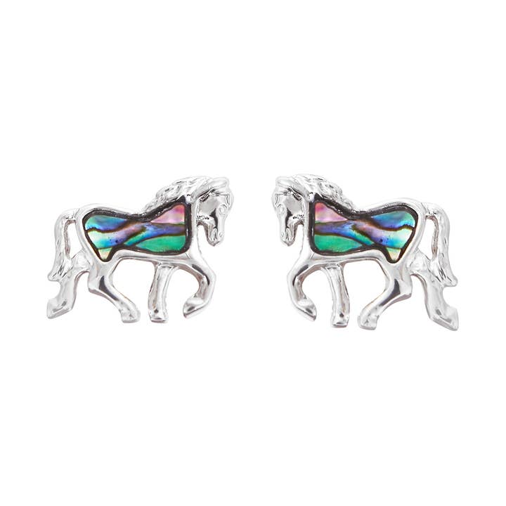Paua Shell Horse Stud Earrings, Rhodium Plated for wholesale by Byzantium Collection Ltd