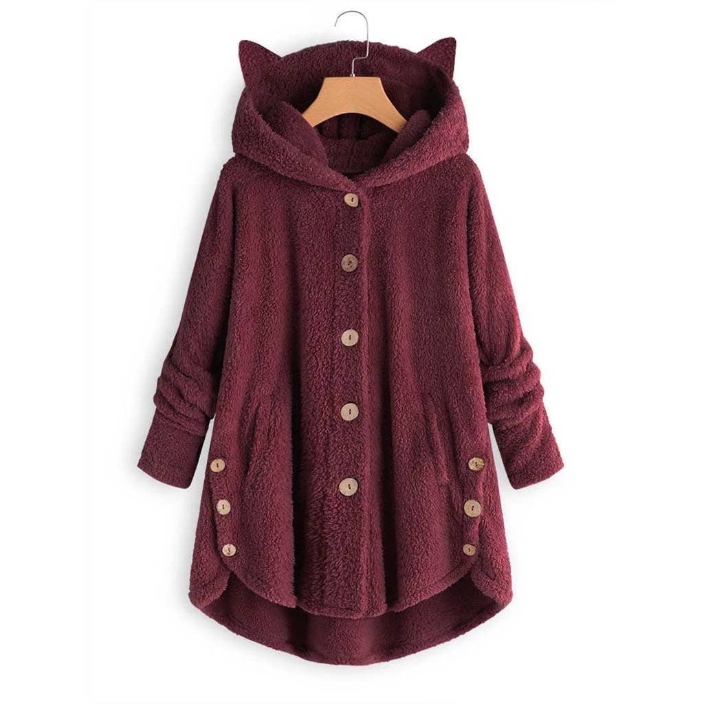 Lily Clothing - Wholesale Coat - Women's - BUTTON-UP HOODED CAT EARS PLUSH SOLID COAT8