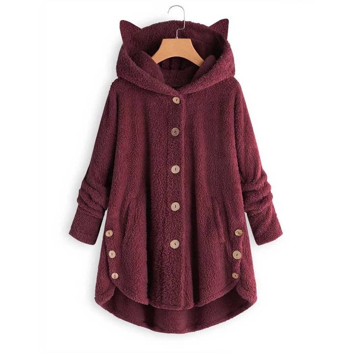Lily Clothing - Wholesale Coat - Women's - BUTTON-UP HOODED CAT EARS PLUSH SOLID COAT8