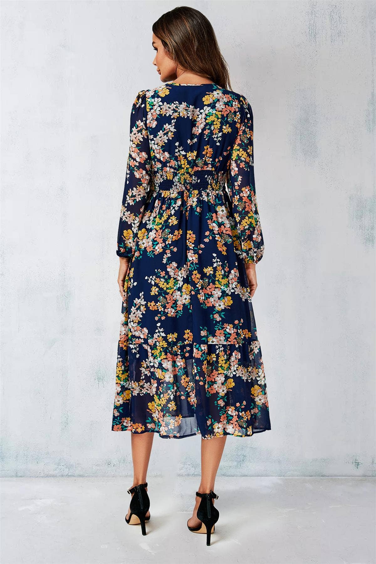 Floral Print Long Sleeve Maxi Dress In Navy for wholesale on Faire1
